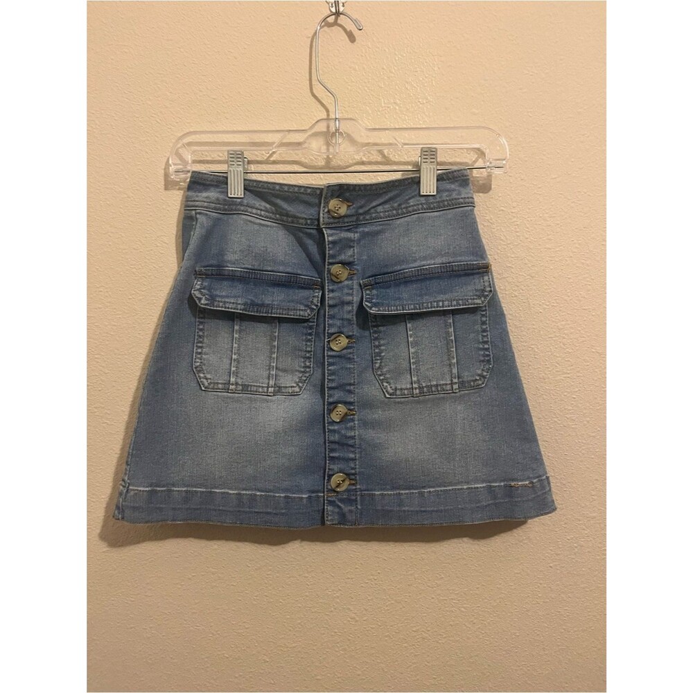 Copper Key Light Blue Button-Front Denim Mini Skirt